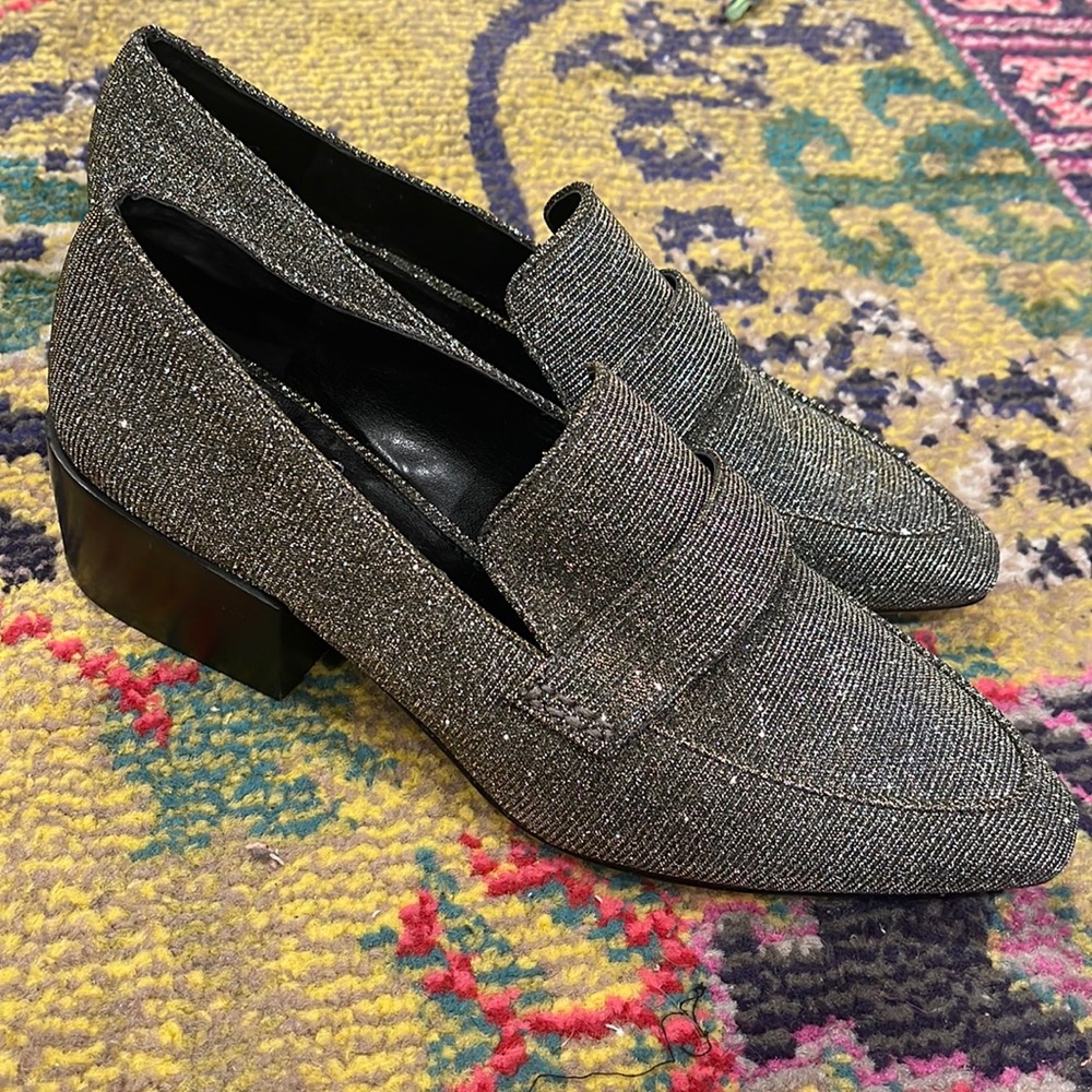 NEW Vince Camuto Silvery Gold Metallic Sparkly Lamé Block Heel Loafers